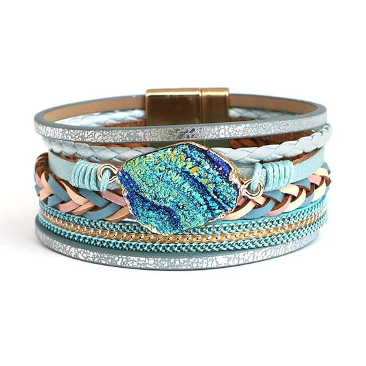 Boho Wide Wrap Bracelet- Hippie Multi-Layer Leather Bracelet with Colourful Stone- Blue & Pink Bohemian designs