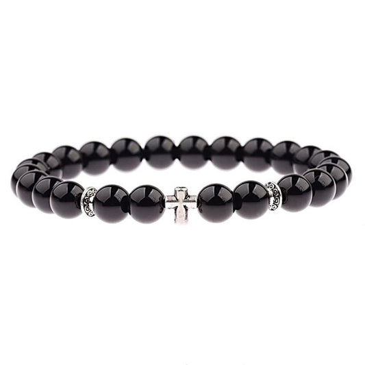 Mens Black Bead Bracelet- Meditation Prayer Yoga Cross Bracelet