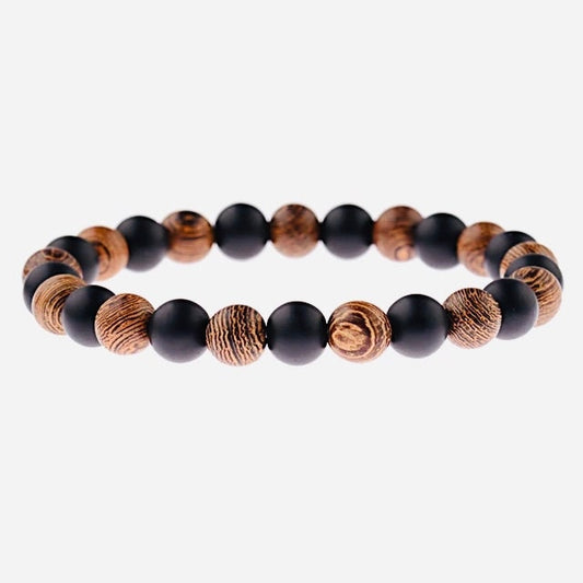 Mens Black and Natural Wooden Bead Bracelet- Meditation Prayer Yoga Cross Bracelet