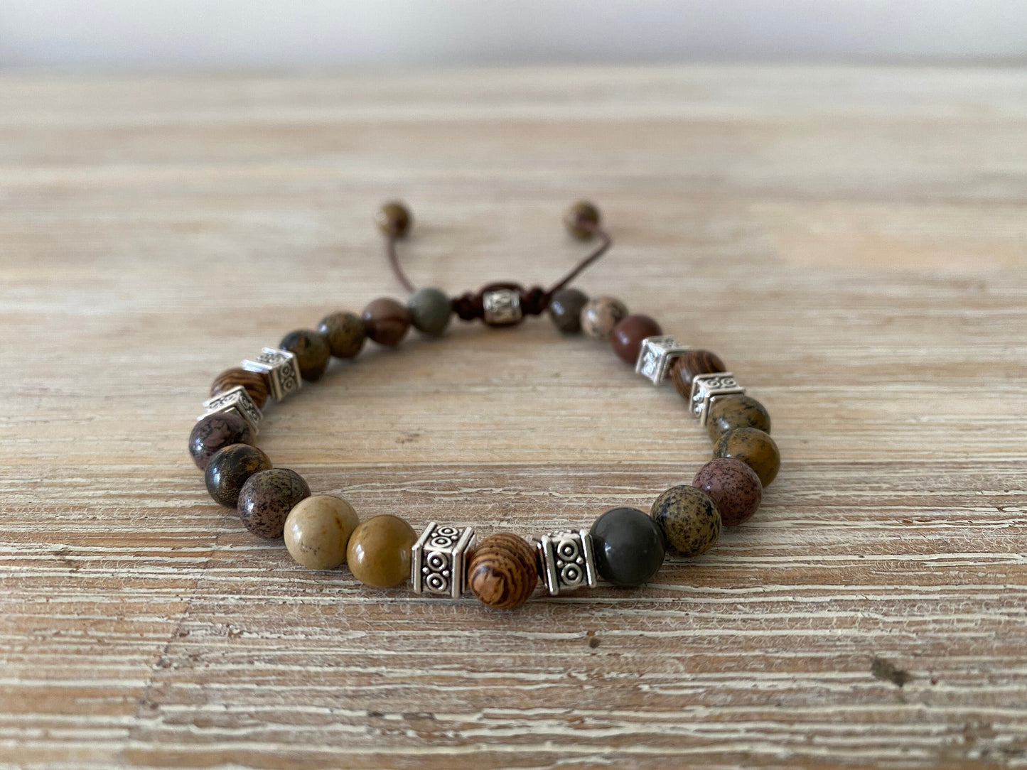 Natural Stone & Wooden Bead Bracelet- Jasper Bracelet- Meditation Prayer Yoga Cross Bracelet, Chakra Norse, Viking bracelet