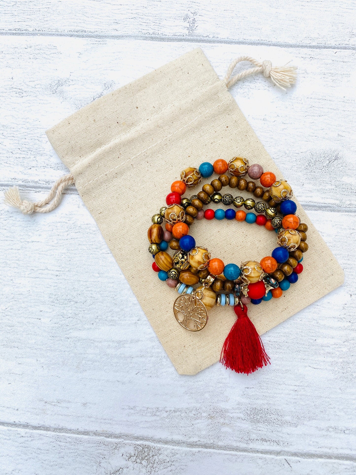 Stacked Boho Bracelets- 3 designs- Hippie Boho bracelets- blue, white and red