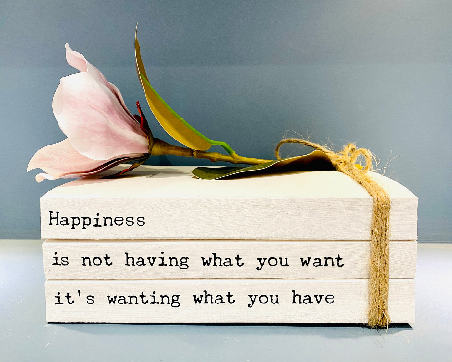 Happiness Is… Hallway Ornament, Coffee table decor- Bookcase Staging book stack- Welcome Sign, hallway rustic decor- House Warming Gift