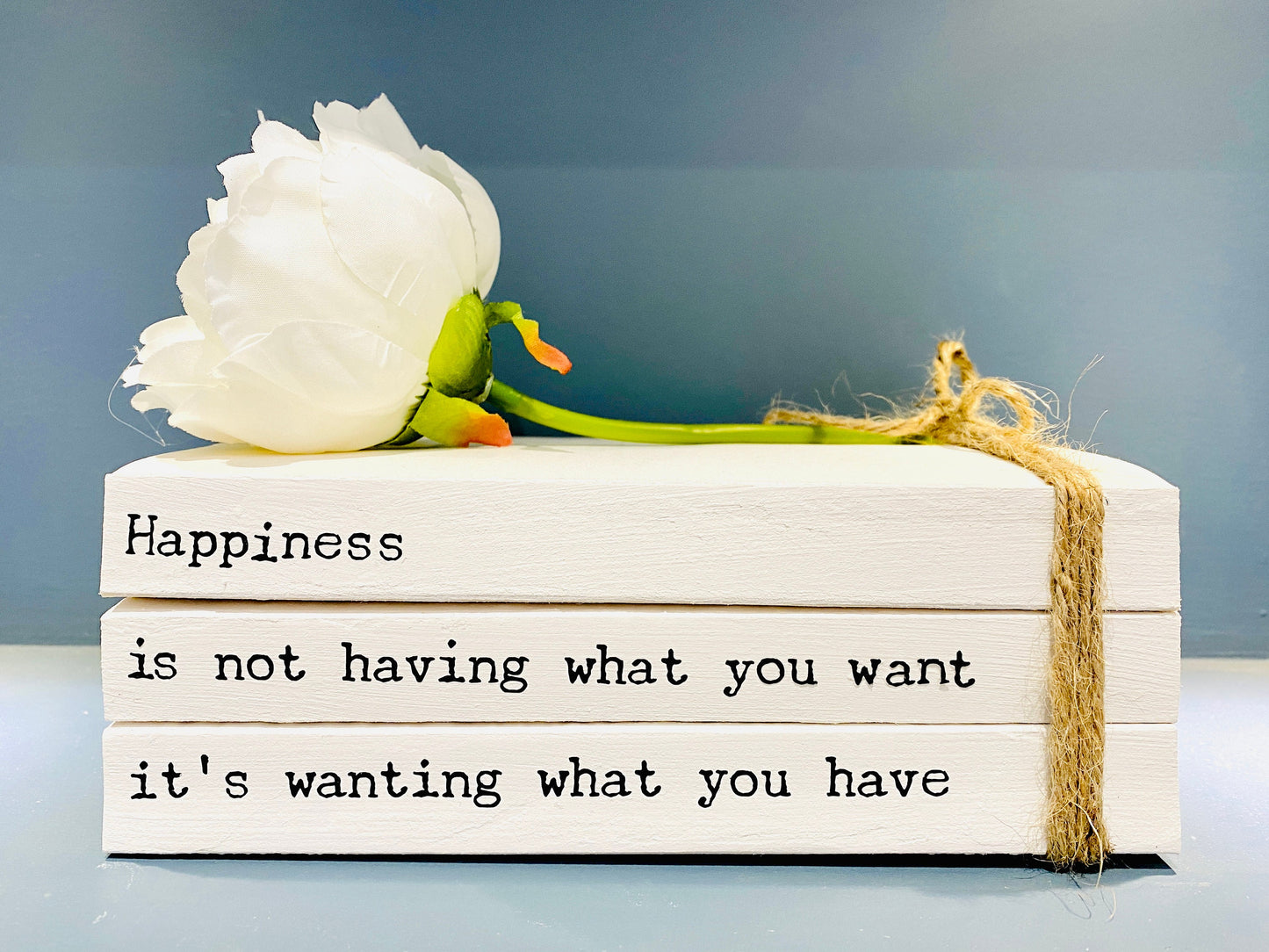 Happiness Is… Hallway Ornament, Coffee table decor- Bookcase Staging book stack- Welcome Sign, hallway rustic decor- House Warming Gift