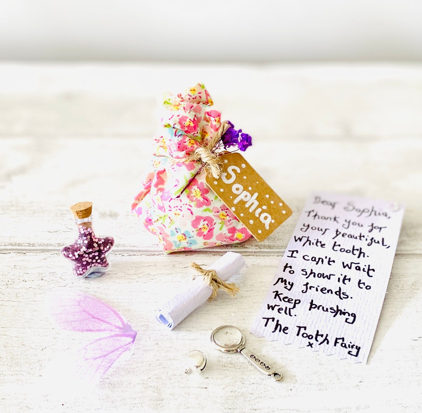 Tooth Fairy Letter & Tooth Fairy Gifts- Girl’s Tooth Fairy Kit (Fairy Dust), Tooth Fairy Note, Custom Tooth Fairy Set - Liberty of London