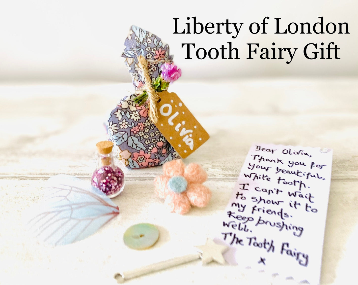 Tooth Fairy Letter & Tooth Fairy Gifts- Girl’s Tooth Fairy Kit (Fairy Dust), Tooth Fairy Note, Custom Tooth Fairy Set - Liberty of London