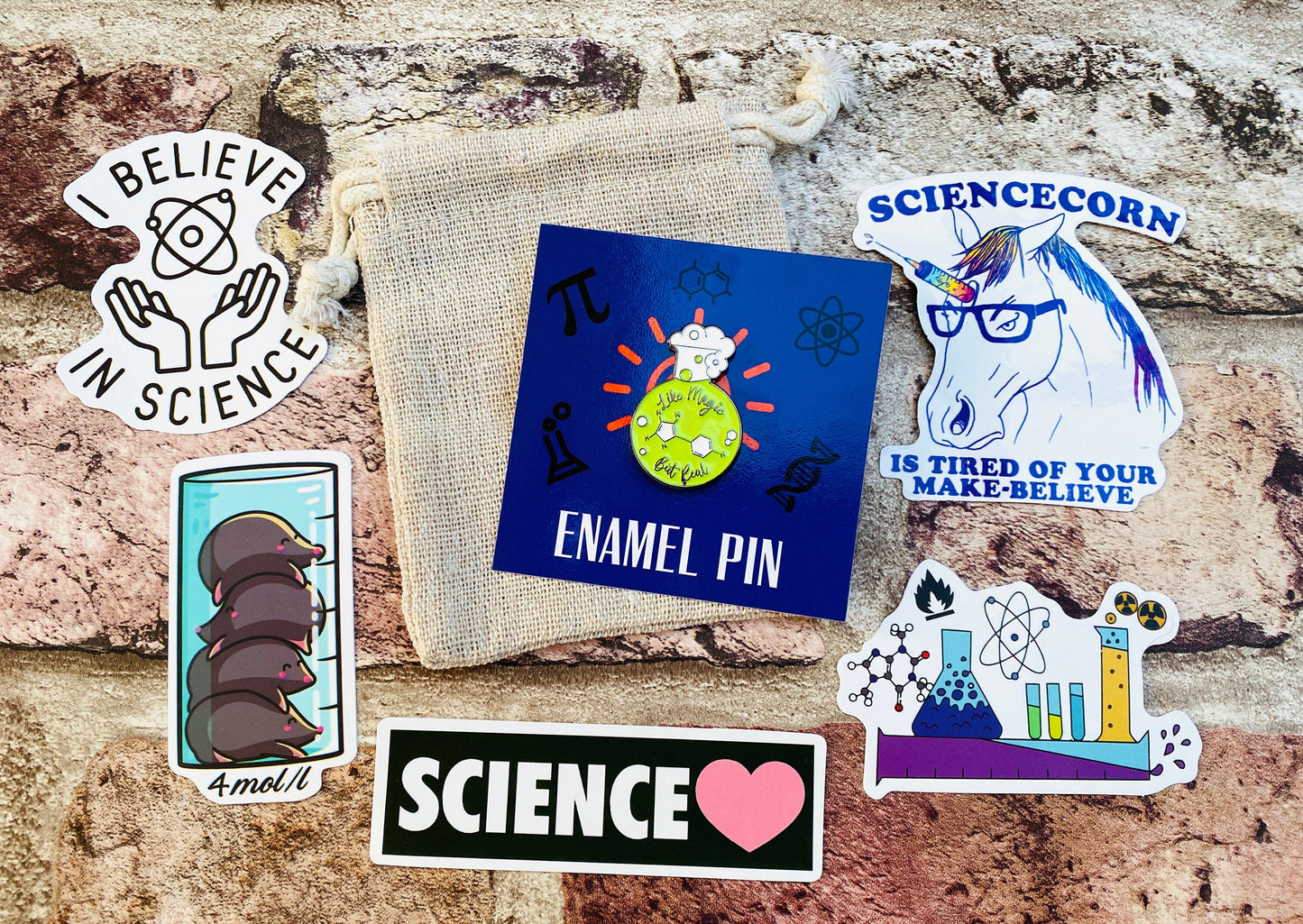 Science is Like Magic Enamel Pin / University Badge & waterproof stickers for laptops! Scientist- chemist- physicist gift box