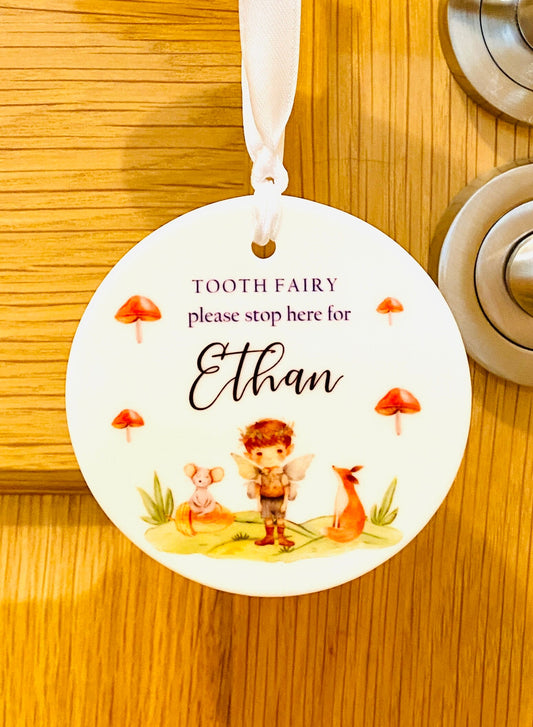 Tooth Fairy Door Hanging Sign - Personalised STOP HERE Tooth Fairy Ceramic sign for Boys