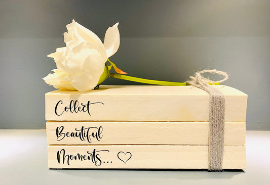 Collect Beautiful Moments… Hallway, Coffee table decor- Bookcase Staging book stack- Welcome Sign, hallway rustic decor- House Warming Gift