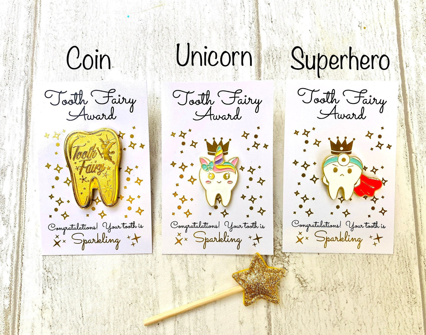 Tooth Fairy Gold Coin- Gift from the Tooth Fairy, Tooth Fairy Certificate, First Lost Tooth Certificate, Tooth Enamel Pin, Tooth Fairy Set