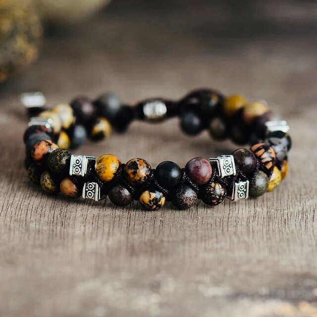 Natural Stone & Wooden Bead Bracelet- Jasper Bracelet- Meditation Prayer Yoga Cross Bracelet, Chakra Norse, Viking bracelet