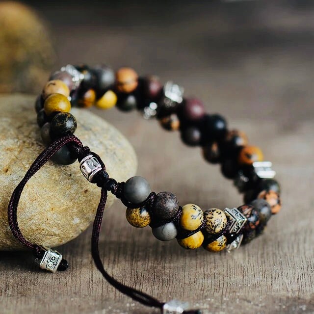 Natural Stone & Wooden Bead Bracelet- Jasper Bracelet- Meditation Prayer Yoga Cross Bracelet, Chakra Norse, Viking bracelet