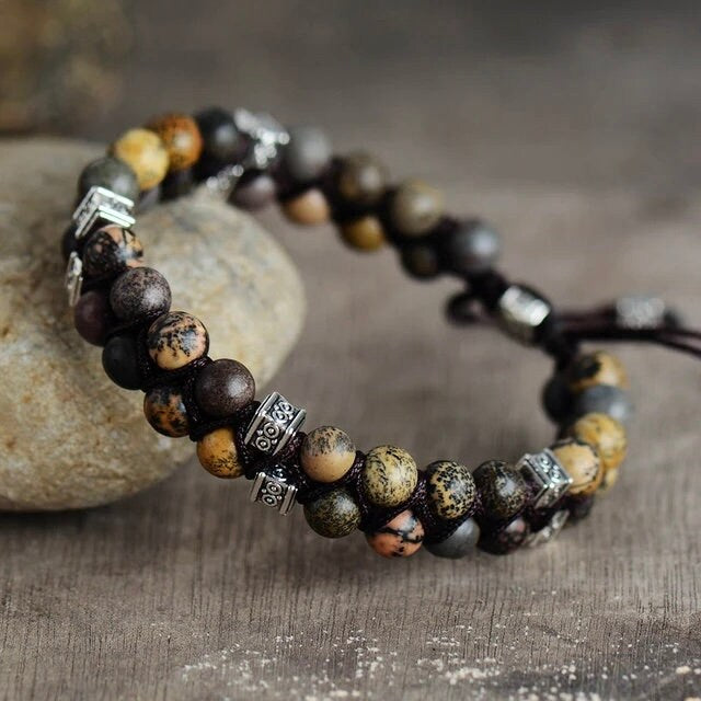 Natural Stone & Wooden Bead Bracelet- Jasper Bracelet- Meditation Prayer Yoga Cross Bracelet, Chakra Norse, Viking bracelet